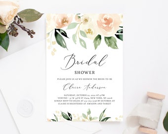 Bridal Shower Invitation Template, Printable Bridal Shower Invite, Blush Bridal Invitation, Peach Floral Bridal Shower Invite, Templett, W41