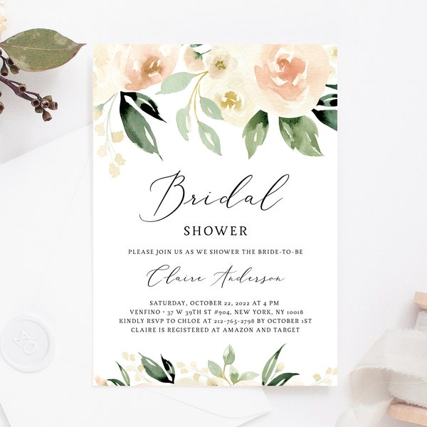 Bridal Shower Invitation Template, Printable Bridal Shower Invite, Blush Bridal Invitation, Peach Floral Bridal Shower Invite, Templett, W41