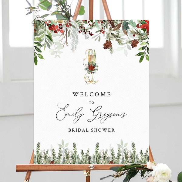 Winter Bridal Shower Welcome Sign Template, Printable Christmas Bridal Brunch Welcome Sign, Bruch and Bubbly, Templett, W46