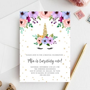 Unicorn Birthday Invitation Template, Printable Unicorn Themed Party Invitation, Floral Unicorn Invitation, Editable, Templett B04B