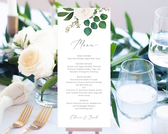 White Floral Wedding Menu Template, Printable Wedding Dinner Menu, Eucalyptus Wedding Menu Card, Instant Download, Templett, W42