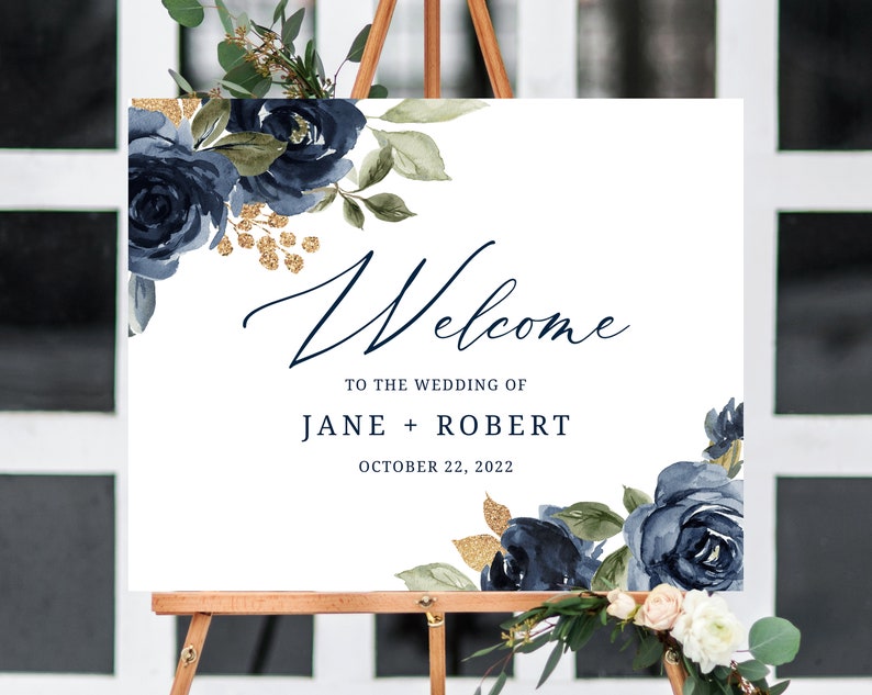 W27 Welcome to the Wedding Printable Templett Navy and Gold Wedding Welcome Sign Template Navy Welcome Board Instant Download