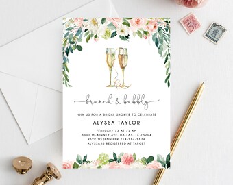 Brunch & Bubbly Invitation Template, Printable Bridal Shower Invite, Blush Floral Bridal Invitation, Bridal Shower Invites, Templett