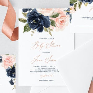 Navy and Blush Baby Shower Invitation Template, Printable Baby Shower Invitation, Baby Shower Invitation, Templett, B34