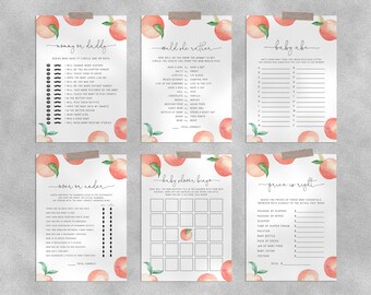 May include: Six printable baby shower game cards with peach illustrations. The games include "Mommy or Daddy", "Would She Rather", "Baby Abe", "Over or Under", "Baby Shower Bingo", and "Price is Right".