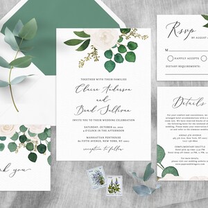 Eucalyptus & White Floral Wedding Invitation Template, Printable Wedding Invitation Suite, Greenery Wedding Invite Set, Templett, W42