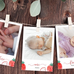 First Year Photos Banner Template, Printable Berry First Birthday Monthly Photo Banner, Strawberry 12 Months Photos, Templett, B49