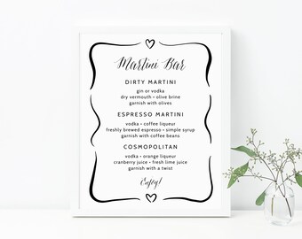Printable Martini Bar Sign, Martini Recipe Sign, Tini Bit Closer Bridal Shower Bar Menu, Templett (Digital Download)