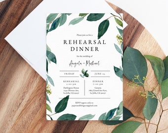 Rehearsal Dinner Invitation Template, Greenery Wedding Rehearsal Invitation, Printable The Night Before Rehearsal Invite, Templett, W28