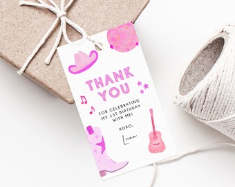 Könnte beinhalten: Rosa-weißes Dankeschön-Etikett mit einem rosafarbenen Cowboyhut, einer rosafarbenen Gitarre, einem rosafarbenen Stiefel und einem rosafarbenen Stern. Der Text lautet "Danke" und "Für die Feier meines 1. Geburtstages mit mir! XOXO, Luna."