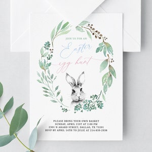 May include: An invitation to an Easter egg hunt with a watercolor wreath of green leaves and a bunny rabbit in the center. The text reads "Join us for an Easter egg hunt". The invitation includes the date, time, address, and RSVP information.