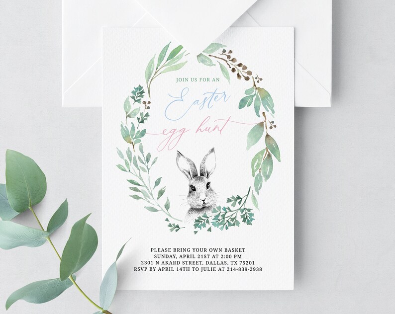 May include: An invitation to an Easter egg hunt with a watercolor wreath of green leaves and a bunny rabbit in the center. The text reads "Join us for an Easter egg hunt". The invitation includes the date, time, address, and RSVP information.