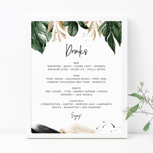 Tropical Bar Menü Zeichen, Hochzeit Bar Zeichen, Hochzeit Bar Menü bedruckbar, Palmen Getränkekarte, Getränke Zeichen, Empfang Dekor, Templett, W44
