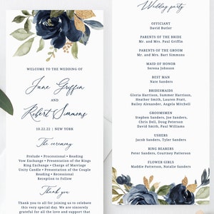 Navy & Gold Hochzeit Programmvorlage, Druckbares Hochzeitsprogramm, Bearbeitbares Navy Floral Hochzeitsprogramm, Sofort Download, Templett, W27