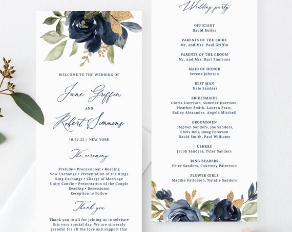 Navy &amp; Gold Wedding Program Template Printable Wedding | Etsy