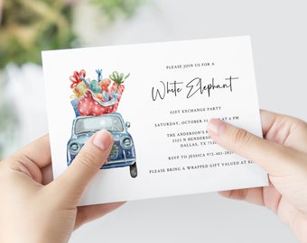 Può includere: Invito a una festa di scambio di regali "White Elephant" con un'illustrazione ad acquerello di un'auto blu piena di regali avvolti. L'invito include la data, l'ora, il luogo e le informazioni per la conferma della partecipazione.