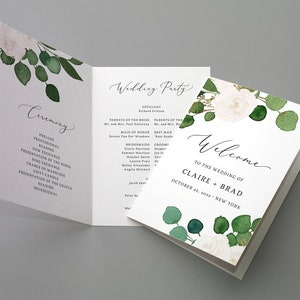 May include: A wedding ceremony programme with a white background and green foliage and white roses. The programme includes the order of the ceremony and the wedding party. The welcome card has a white background with green foliage and white roses. The text reads "Welcome to the wedding of Claire + Brad, October 23, 2023, New York."