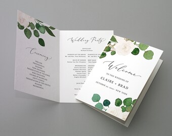 May include: A wedding ceremony program with a white background and green foliage and white roses. The program includes the order of the ceremony and the wedding party. The welcome card has a white background with green foliage and white roses. The text reads "Welcome to the wedding of Claire + Brad, October 23, 2023, New York."