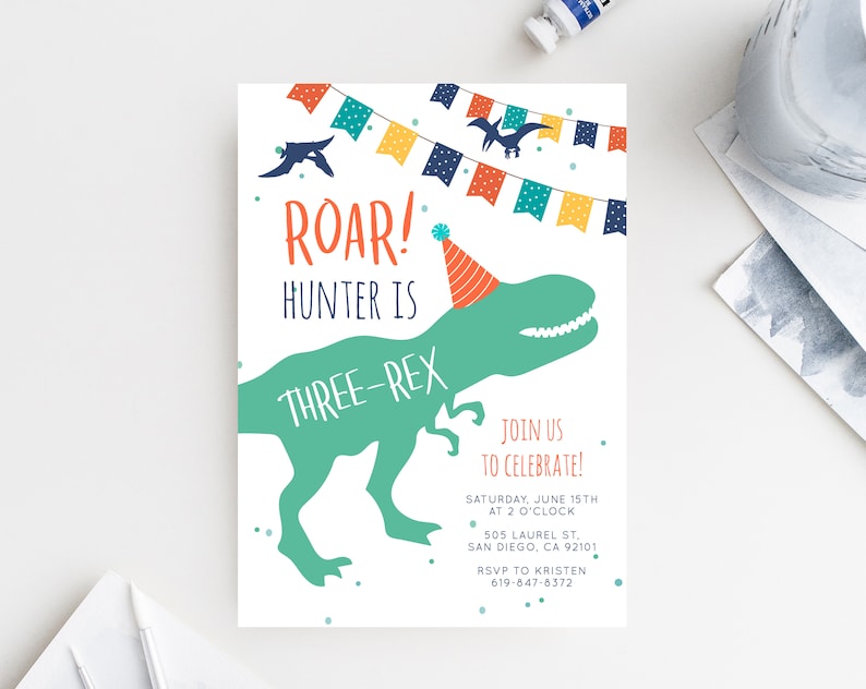 Dinosaur Birthday Invitation Template, Three-Rex Dinosaur Invite, Dinosaur Invite, T-Rex Birthday Invitation Digital File, Templett B12 image 1