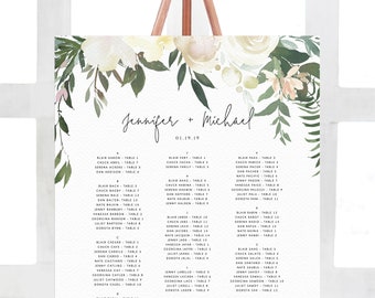 Wedding Seating Chart Template, Alphabetical Seating Chart, Greenery Wedding Seating Board, White Floral, Instant Download, Templett, W19