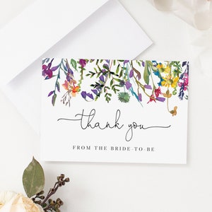 Wilde bloemen dank u kaartsjabloon, afdrukbare lente bruids douche dank u kaart, Instant Download, Templett, B16