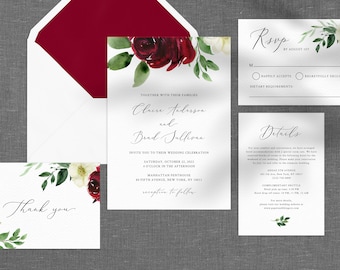 Burgundy Wedding Invitation Template, Printable Wedding Invitation Suite, Burgundy Floral Wedding Invitation Set, Templett, W49