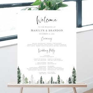 May include: A wedding ceremony program with a watercolor background of green pine trees. The program lists the officiant, parents of the bride and groom, maid of honor, best man, bridesmaids, groomsmen, flower girl, and ring bearer. The wedding is for Marilyn and Brandon on December 25, 2021.