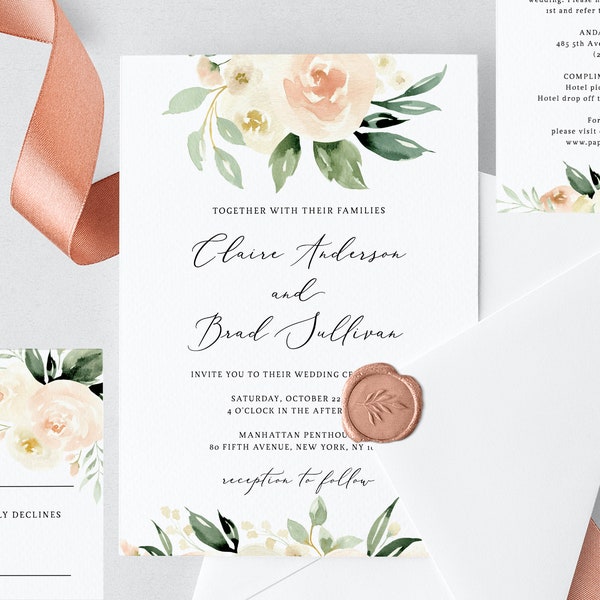 Blush & Ivory Floral Wedding Invitation Template, Printable Wedding Invitation Suite, Peach Floral Wedding Invitation Set, Templett, W41