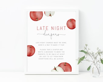 Apple Baby Shower Late Night Diapers Sign, Apple Themed Diapers Message Sign, Apple Baby Shower Game