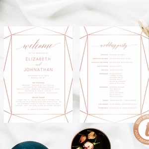 May include: A printable wedding ceremony program with a geometric rose gold design. The program includes the names of the bride and groom, Elizabeth and Johnathan, the date of the wedding, and the wedding party.