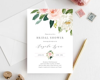 Brautparty Einladung Vorlage, Brautparty einladen, Blush Blumen Braut einladen, Brautparty einlädt, Templett, W29