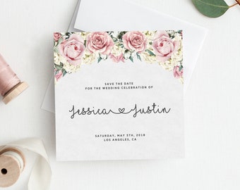 Puede incluir: Tarjeta de guardar la fecha con un borde floral de rosas rosas y flores blancas. El texto dice "Save the Date for the Wedding Celebration of Jessica Justin Saturday, May 5th, 2018 Los Angeles, CA"