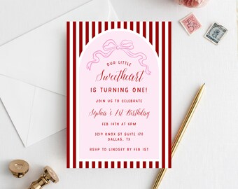 Valentine's Birthday Invite Template, Our Little Sweetheart Invitation, Baby Girl Birthday Day Party (Instant Download with Templett)