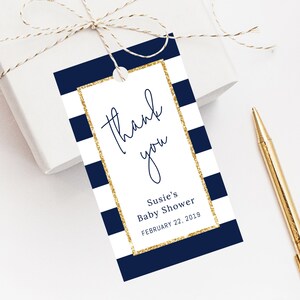 INSTANT DOWNLOAD Favor Tags, Thank You Tag, Stripes Baby Shower Favor Tag, Baby Shower Gift Tag, Favor Label, Navy and Gold, Templett, B03