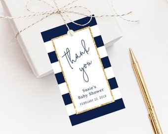 INSTANT DOWNLOAD Favor Tags, Thank You Tag, Stripes Baby Shower Favor Tag, Baby Shower Gift Tag, Favor Label, Navy and Gold, Templett, B03