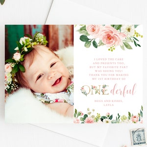 Modelo de cartão de agradecimento Miss Onederful, cartão com foto de agradecimento, cartão de aniversário Little Miss One-derful, primeiro aniversário, Templett, B09