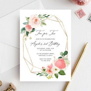 Tea For Two Birthday Invitation Template, Printable Tea Party Invitation, Gold and Pink Tea Party Birthday Invitation, Editable, Templett