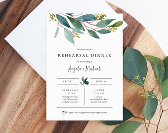 May include: A white wedding rehearsal dinner invitation with green watercolor foliage at the top. The text reads "Please join us for a Rehearsal Dinner for the wedding of Angela + Michael. Friday, June 03. Rehearsal 5:00 pm Darlington House 7441 Olivetas Ave, La Jolla, CA 92037. Dinner 7:00 pm Catania 7861 Girard Ave #105, La Jolla, CA 92037. RSVP regrets only to paperandthingsco@gmail.com"