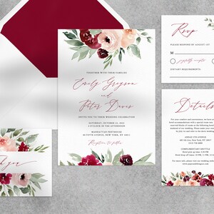 Plantilla de invitación de boda de Borgoña, suite de invitación de boda imprimible, conjunto de invitación de boda floral de Borgoña, Templett, W45 imagen 4