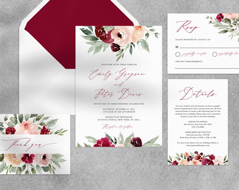 Plantilla de invitación de boda de Borgoña, suite de invitación de boda imprimible, conjunto de invitación de boda floral de Borgoña, Templett, W45 imagen 4
