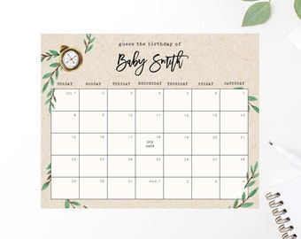 Modèle de calendrier de date d'échéance, l'aventure vous attend, calendrier de baby shower, jeu de date d'échéance pour bébé, imprimable devinez la date d'échéance, prédictions, Templett