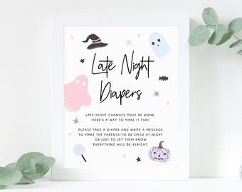 Pastel Halloween Baby Shower Late Night Diapers Sign, Printable Halloween Baby Shower Games, Halloween Themed Diaper Game, Templett, B24