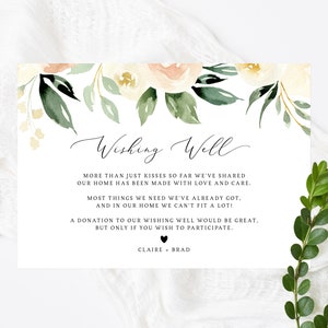 Wensput kaartsjabloon, afdrukbare perzik Blush bruiloft wensput invoegen, in plaats van geschenken kaart, bruiloft fonds, Templett, W41