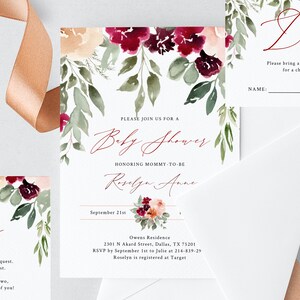 Burgundy & Blush Baby Shower Invitation Template, Printable Floral Baby Shower Invitation, Instant Download, Templett, B45