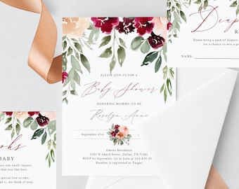 Burgundy & Blush Baby Shower Invitation Template, Printable Floral Baby Shower Invitation, Instant Download, Templett, B45