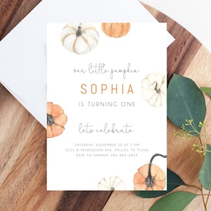 Pumpkin Birthday Invitation Template, 1st Birthday Invite, A Little Pumpkin Birthday, Fall Birthday Invitations, Templett, B35