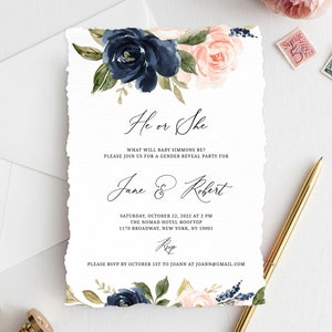 Gender Reveal Invitation Template, Navy Blue and Blush Pink Floral Gender Reveal Invite, Editable Template, Instant Download, Templett, B34