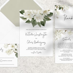 Magnolia Wedding invitation template, Printable Wedding Invitation Suite, Magnolia Themed Wedding Invitation Set, Templett, W35