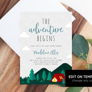 Adventure Begins Baby Shower Invitation Template, Printable Camping Baby Shower, Editable Adventure Baby Shower Invite, Templett, B06 image 4