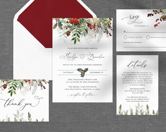 Modelo de convite de casamento de inverno, conjunto de convites de casamento para impressão, conjunto de convites de casamento de Natal, tema de feriados, Templett, W46